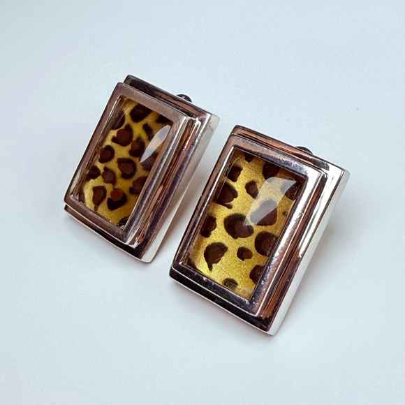 SETA Leopard Print Frame Avant Garde Sterling Silver 925 VTG 80's Glam Earrings - Picture 3 of 9